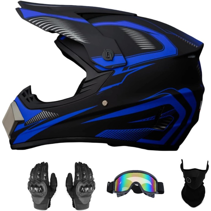 Casca moto/trotineta Uchoose, cu ochelari si manusi, albastru, marimea M