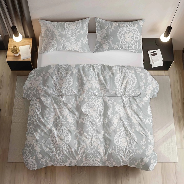 Set Lenjerie de Pat 3 piese Bumbac Ranforce, Damasc Vintage, Gri Argintiu/Alb, husa pilota 140x200, fete de perna 50x70