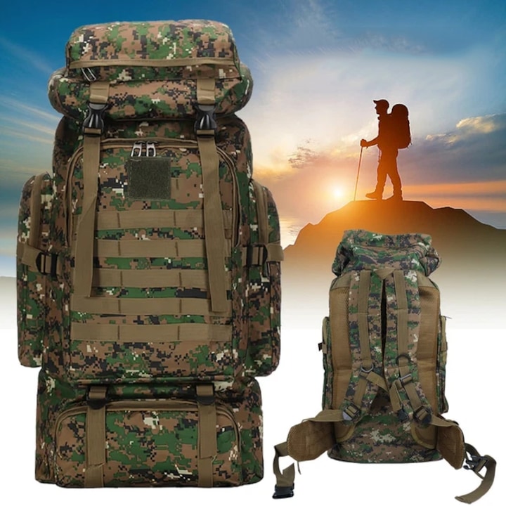 Rucsac Tactic Militar, 900D oxford, Bretele reglabile, 75L, 5 Compartimente, Impermeabil, pentru Drumetii pe Munte, Rucsac drumetie, Rucsac munte, Rucsac tactic, Ghiozdan militar, Camuflaj
