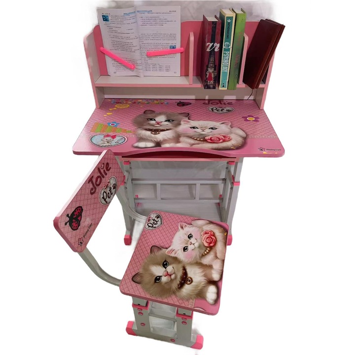 Set De Birou Cu Scaun Pentru Copii, Cadru Metalic, Inaltime Reglabila, Raft carti, Zona fixare carte pentru citit, Birou 70x45x60 cm, Scaun 32x29x62 cm, Model Pisicute