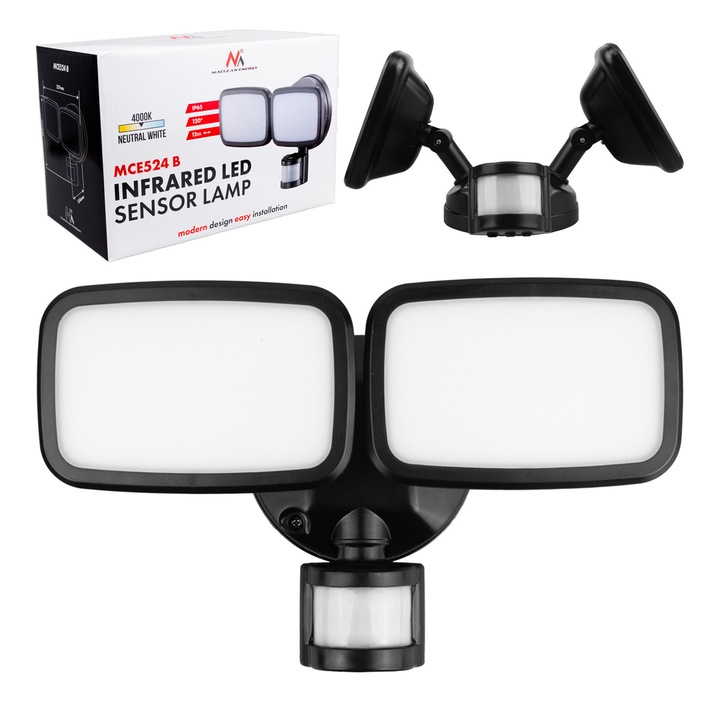 Lampa de perete LED Maclean, cu senzor PIR, 20 W, 1500 lm, IP65, alb neutru 4000 K, negru, MCE524 B
