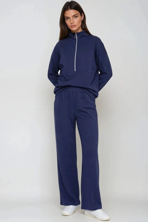 Costum dama, Hiccup, set cu pantaloni largi, guler cu fermoar, albastru marin, M INTL