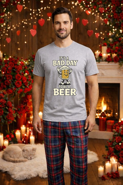 Férfi pamut pizsama szett, Valentin-nap, Dragobete kollekció 96298, Szürke