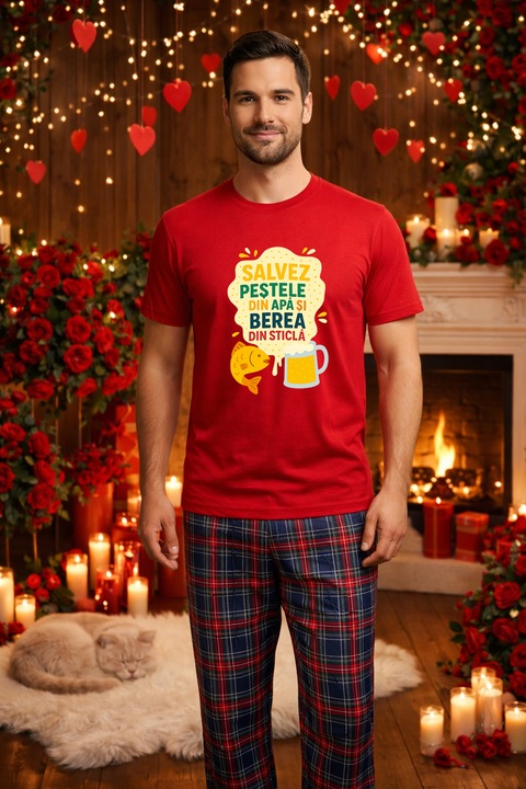 Férfi pamut pizsama szett Valentin-nap, Dragobete kollekció 96243, Piros