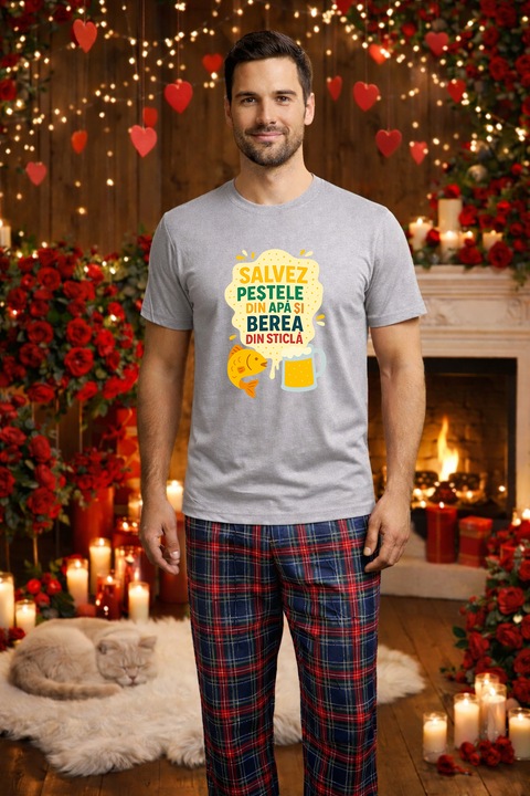 Férfi pamut pizsama szett Valentin-nap, Dragobete kollekció 96243, Szürke