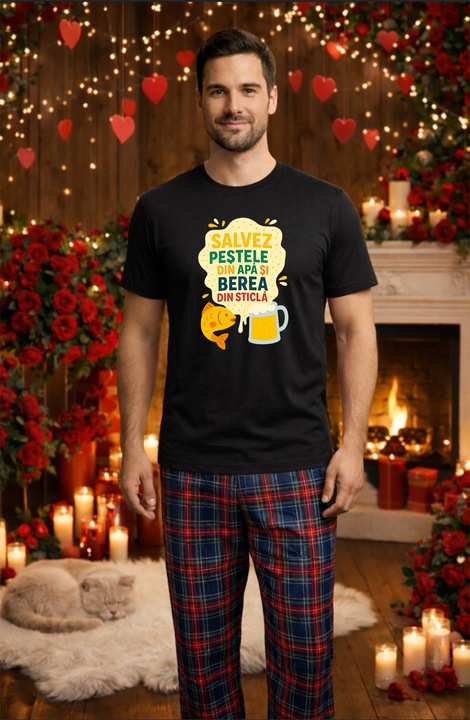 Férfi pamut pizsama szett Valentin-nap, Dragobete kollekció 96243, Fekete