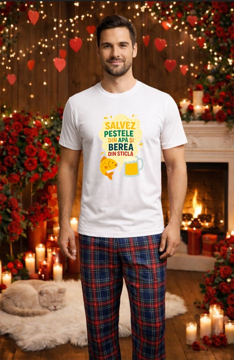 Férfi pamut pizsama szett Valentin-nap, Dragobete kollekció 96243, Fehér