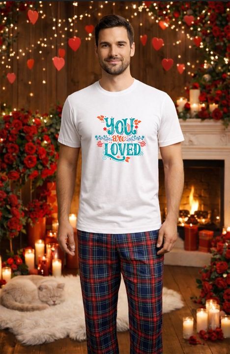 Férfi pamut pizsama szett Valentin-nap, Dragobete kollekció 96060, Fehér