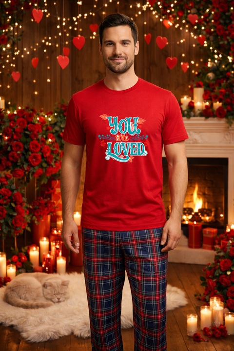 Férfi pamut pizsama szett Valentin-nap, Dragobete kollekció 96060, Piros