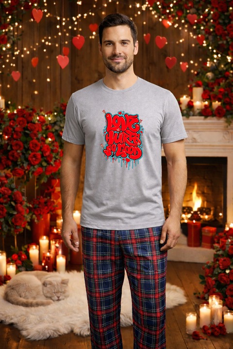 Férfi pamut pizsama szett, Valentin-napi kollekció, Dragobete 96033, Szürke