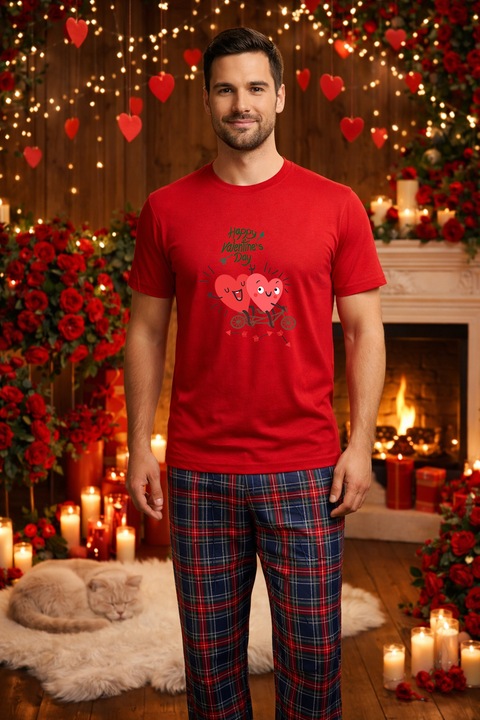 Férfi pamut pizsama szett Valentin-nap, Dragobete kollekció 96023, Piros