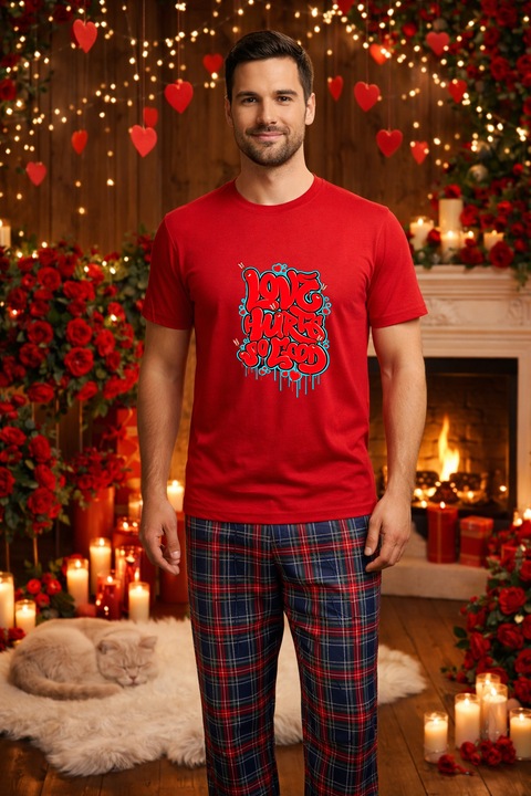 Férfi pamut pizsama szett, Valentin-napi kollekció, Dragobete 96033, Piros