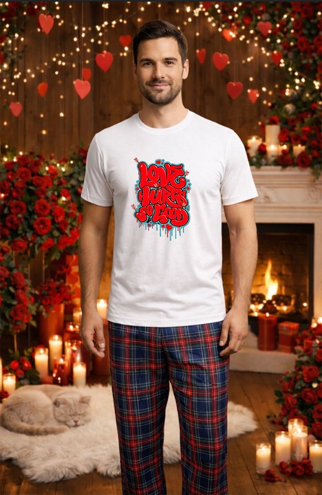 Férfi pamut pizsama szett, Valentin-napi kollekció, Dragobete 96033, Fehér