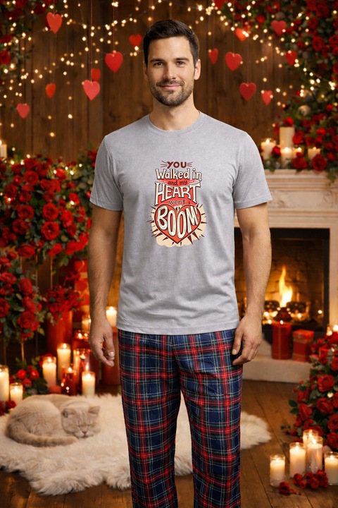 Férfi pamut pizsama szett, Valentin-nap, Dragobete kollekció 95987, Szürke