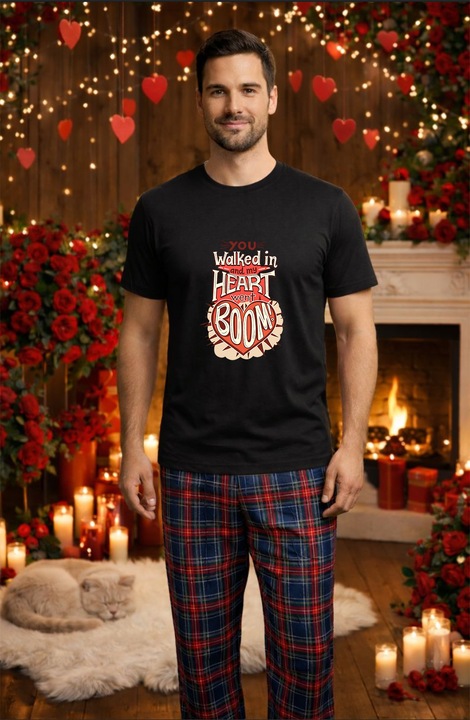 Férfi pamut pizsama szett, Valentin-nap, Dragobete kollekció 95987, Fekete