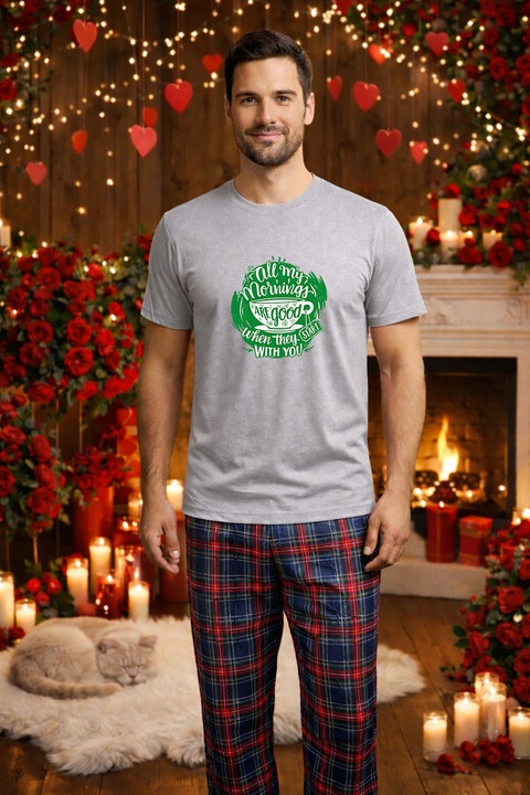 Férfi pamut pizsama szett Valentin-nap, Dragobete kollekció 95908, Szürke