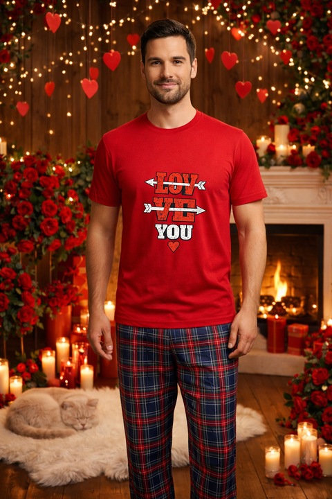 Férfi pamut pizsama szett Valentin-nap, Dragobete kollekció 95884, Piros