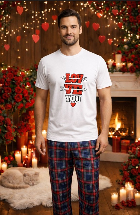 Férfi pamut pizsama szett Valentin-nap, Dragobete kollekció 95884, Fehér