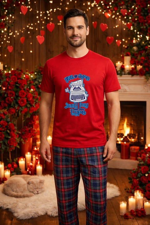Férfi pamut pizsama szett Valentin-nap, Dragobete kollekció 95834, Piros