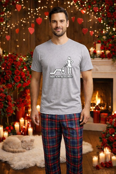 Férfi pamut pizsama szett, Valentin-nap, Dragobete kollekció 95858, Szürke