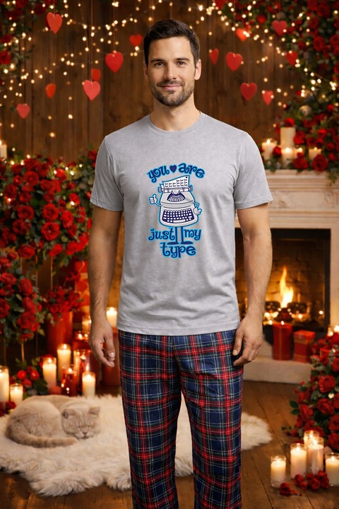 Férfi pamut pizsama szett Valentin-nap, Dragobete kollekció 95834, Szürke