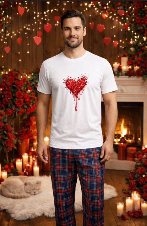 Férfi pamut pizsama szett Valentin-nap, Dragobete kollekció 95790, Fehér