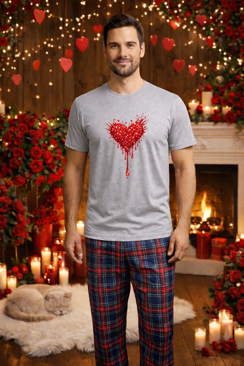 Férfi pamut pizsama szett Valentin-nap, Dragobete kollekció 95790, Szürke