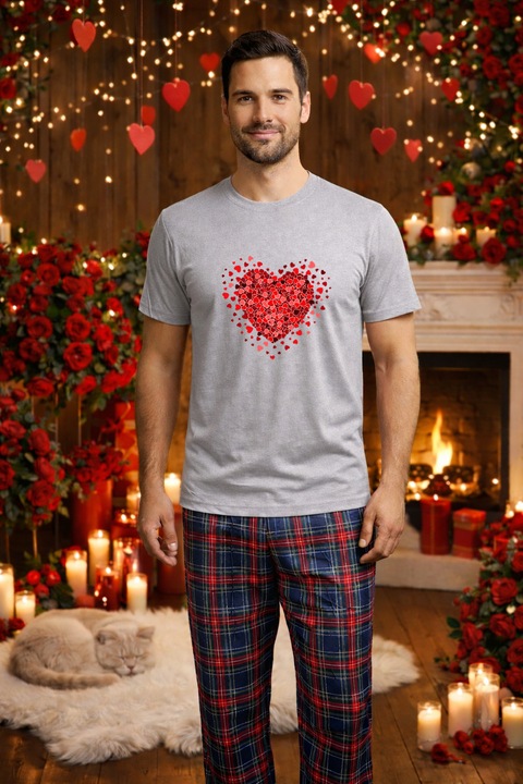 Férfi pamut pizsama szett Valentin-nap, Dragobete kollekció 95773, Szürke