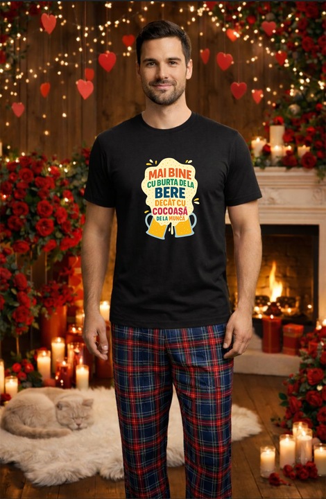 Férfi pamut pizsama szett Valentin-nap, Dragobete kollekció 96227, Fekete