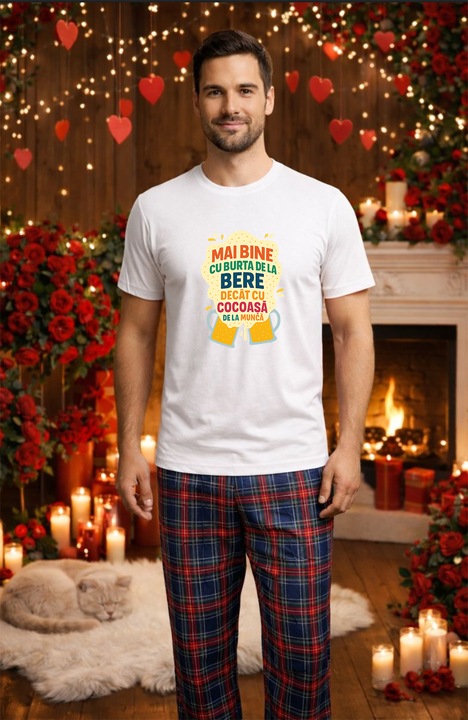 Férfi pamut pizsama szett Valentin-nap, Dragobete kollekció 96227, Fehér