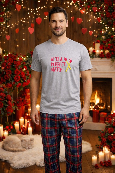 Férfi pamut pizsama szett Valentin-nap, Dragobete kollekció 96179, Szürke