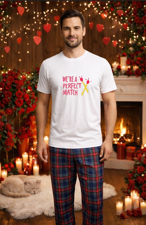 Férfi pamut pizsama szett Valentin-nap, Dragobete kollekció 96179, Fehér