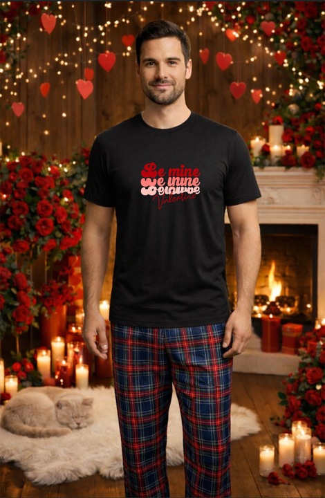 Férfi pamut pizsama szett, Valentin-nap, Dragobete kollekció 96153, Fekete