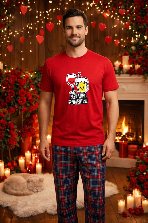 Férfi pamut pizsama szett Valentin-nap, Dragobete kollekció 96128, Piros