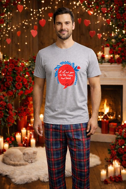 Férfi pamut pizsama szett, Valentin-nap, Dragobete kollekció 96104, Szürke