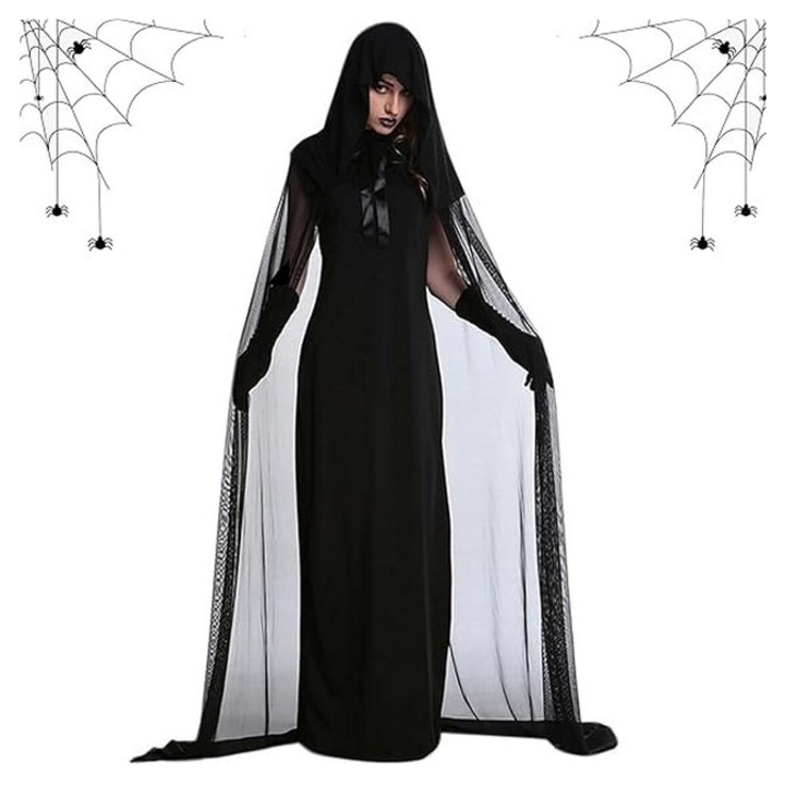 Costum de Halloween mireasa fantoma, format din rochie si pelerina cu gluga lungi, negru, marime L/XL