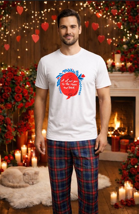 Férfi pamut pizsama szett, Valentin-nap, Dragobete kollekció 96104, Fehér