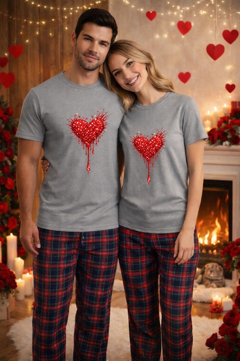 Set pijamale pentru cuplu – tricou si pantaloni pijamale, bumbac, Valentine's si Dragobete Gri L