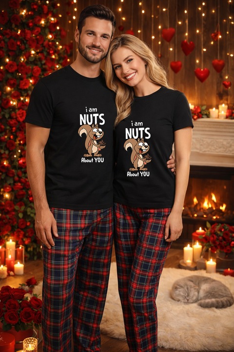 Set pijamale pentru cuplu – tricou si pantaloni pijamale, bumbac, Valentine's si Dragobete Negru XL