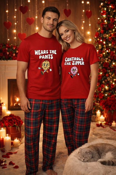 Set pijamale pentru cuplu – tricou si pantaloni pijamale, bumbac, Valentine's si Dragobete rosu M