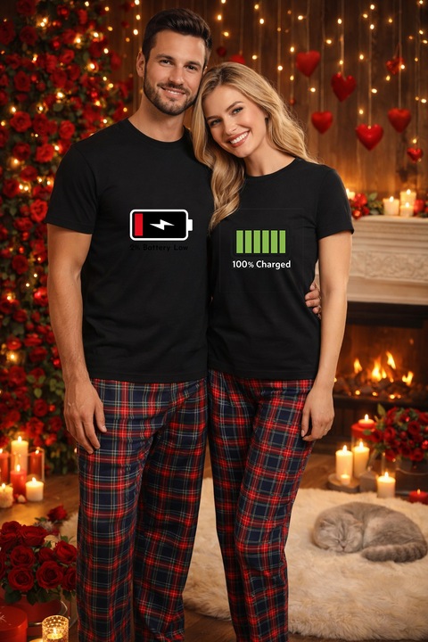 Pizsama szett pároknak – póló és pizsamanadrág, pamut, Valentin-napra és Dragobete-re, fekete, L