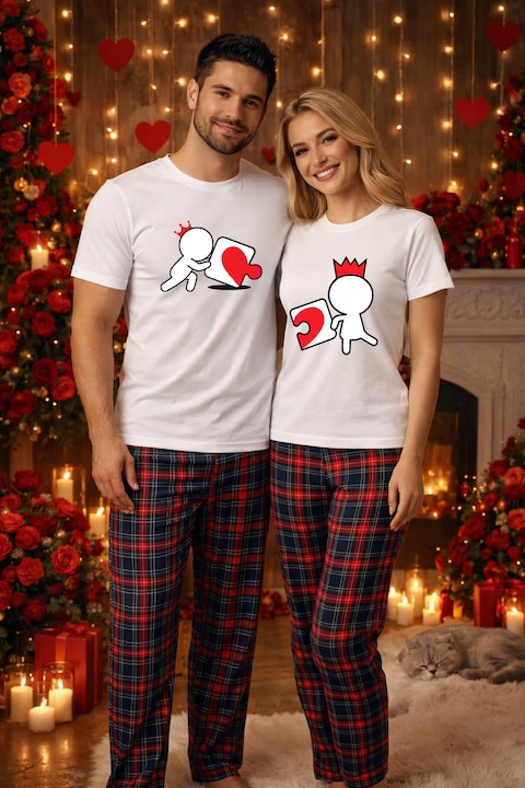 Set pijamale pentru cuplu – tricou si pantaloni pijamale, bumbac, Valentine's si Dragobete alb L