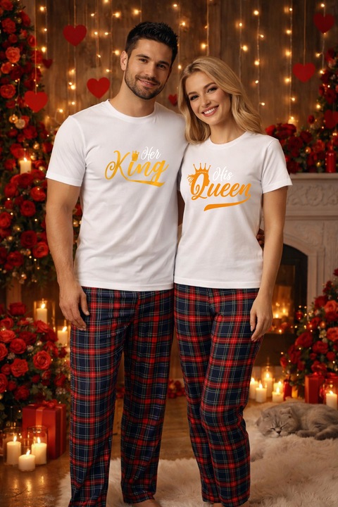 Set pijamale pentru cuplu – tricou si pantaloni pijamale, bumbac, Valentine's si Dragobete alb L