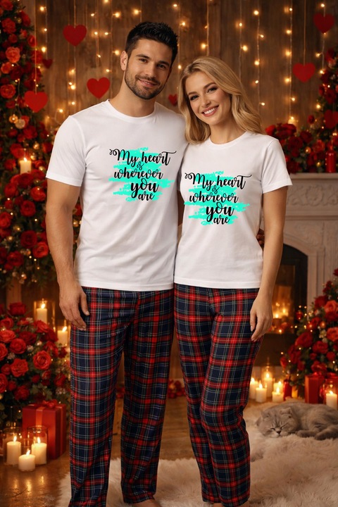 Set pijamale pentru cuplu – tricou si pantaloni pijamale, bumbac, Valentine's si Dragobete alb L