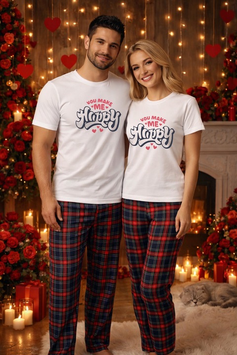 Set pijamale pentru cuplu – tricou si pantaloni pijamale, bumbac, Valentine's si Dragobete alb L