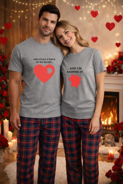 Set pijamale pentru cuplu – tricou si pantaloni pijamale, bumbac, Valentine's si Dragobete Gri M