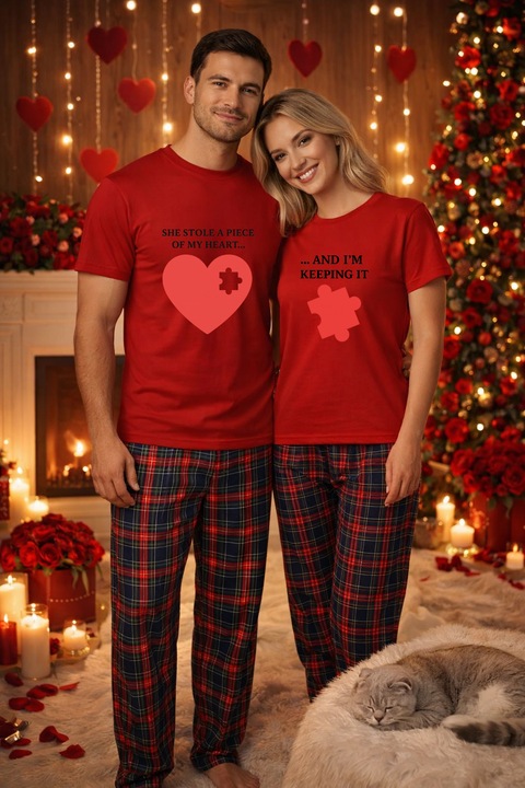 Set pijamale pentru cuplu – tricou si pantaloni pijamale, bumbac, Valentine's si Dragobete rosu XL