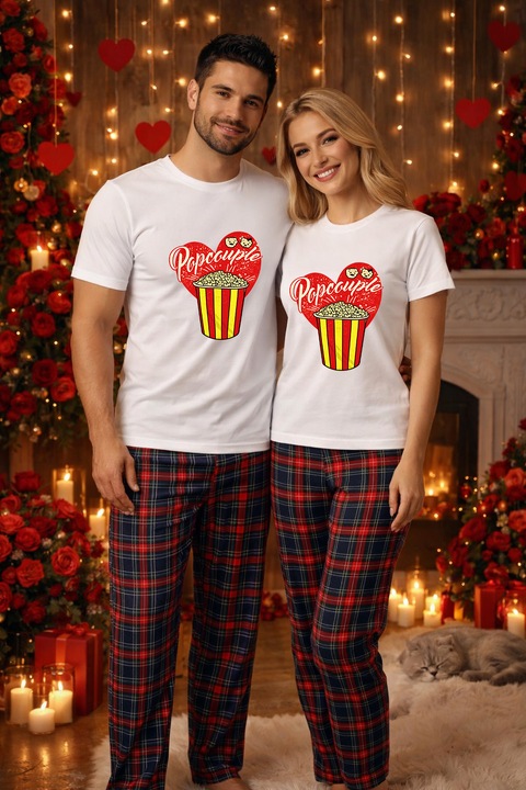 Set pijamale pentru cuplu – tricou si pantaloni pijamale, bumbac, Valentine's si Dragobete alb L