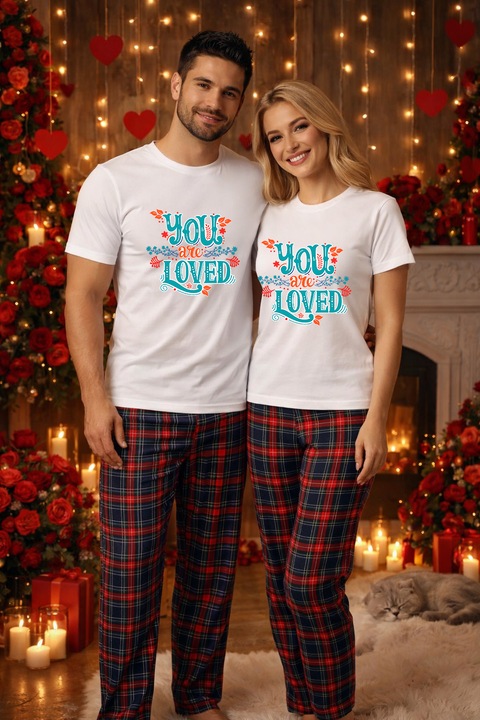 Set pijamale pentru cuplu – tricou si pantaloni pijamale, bumbac, Valentine's si Dragobete alb L