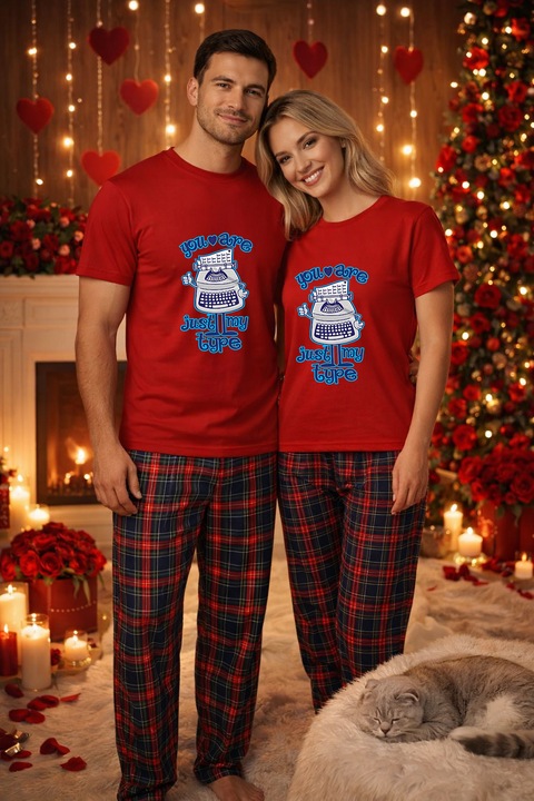 Set pijamale pentru cuplu – tricou si pantaloni pijamale, bumbac, Valentine's si Dragobete rosu L